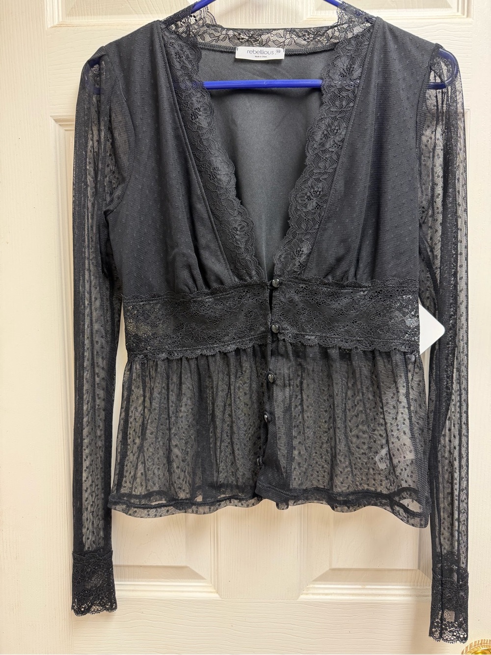 Rebellious One Black Sheer Lace Button-Front Top Blouse